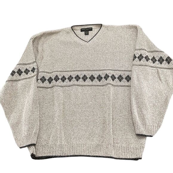 Liberty‎ Sweater Men XL Beige Black Marled Diamond Cotton Knit Classic USA VTG - Picture 1 of 12